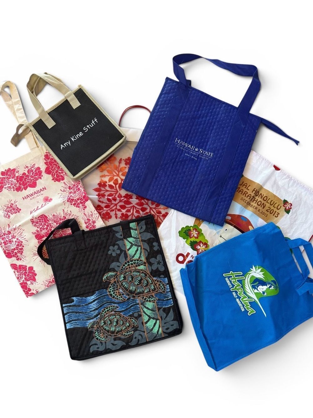 Lot of seven reusable tote bags from Hawaii